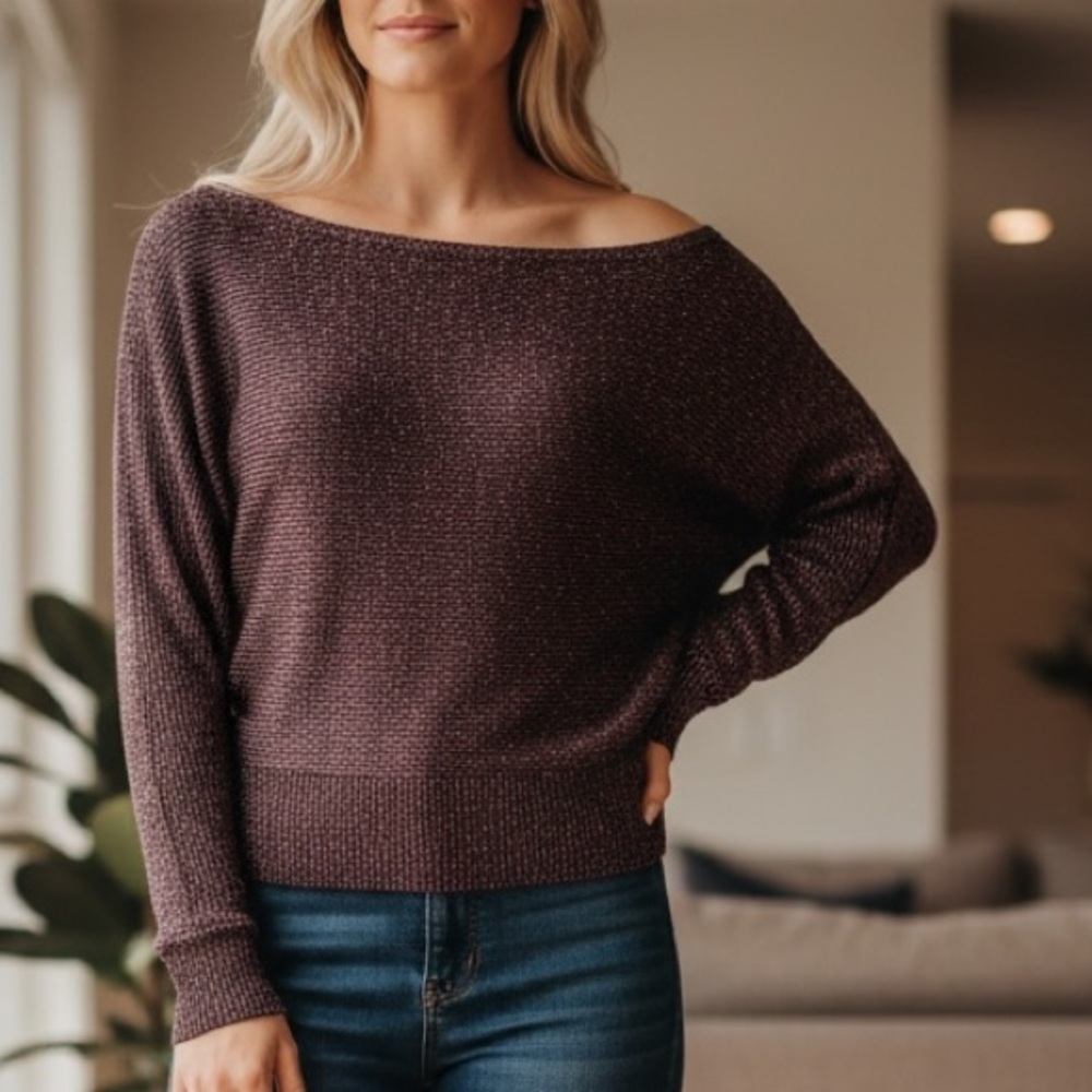 GUESS Metallic Shimmer Knit Top XS – Sheer Open Weave Long Sleeve